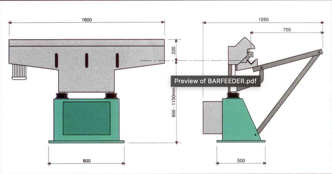 Dimensioned drawing of the Pitchline 10/65 1200 barfeeder: 1600mm x 1250mm floor space, 850mm to 1150mm centre height